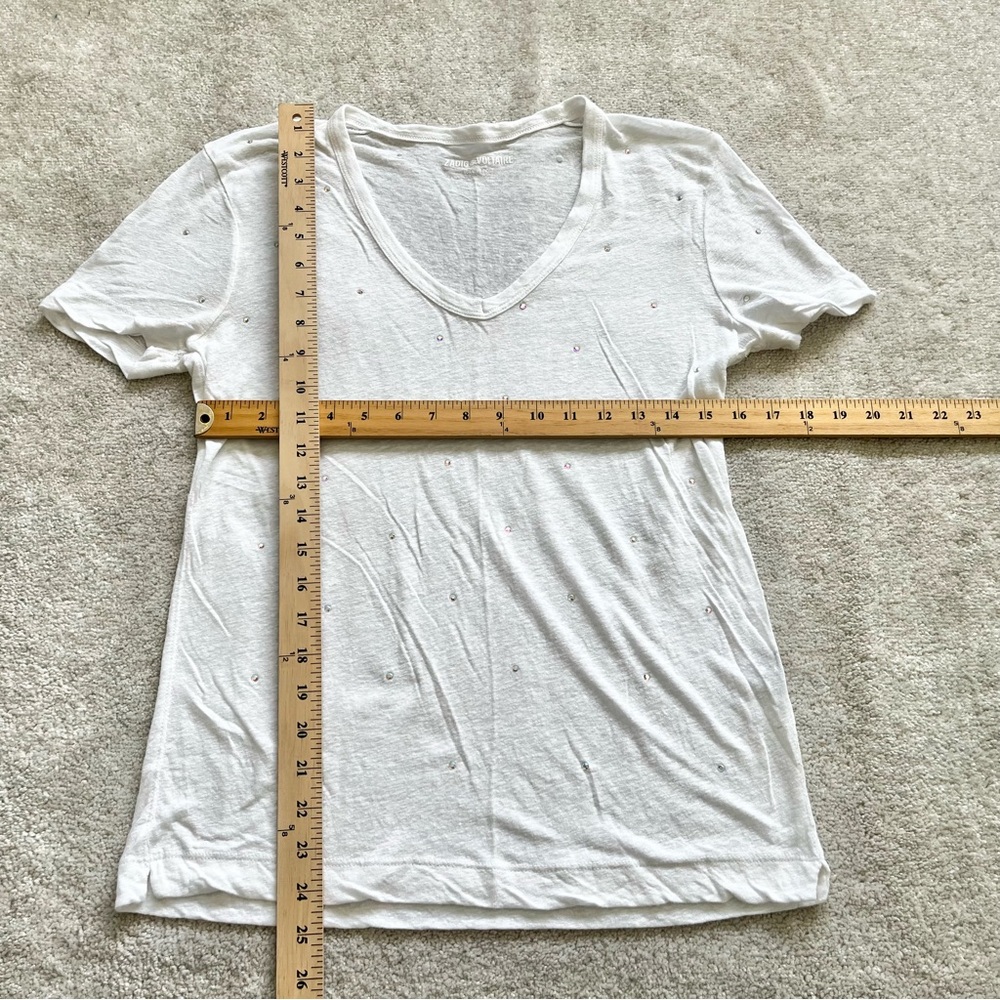 ZADIG & VOLTAIRE SEMI SHEER RHINESTONE EMBELLISHED V NECK T SHIRT ELEVATED - Picture 6 of 7